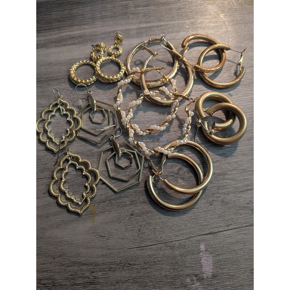 Gold Tone Earring Lot 8 Pairs Hoops Geometric Faux Pearl Rhinestone Dangle Set